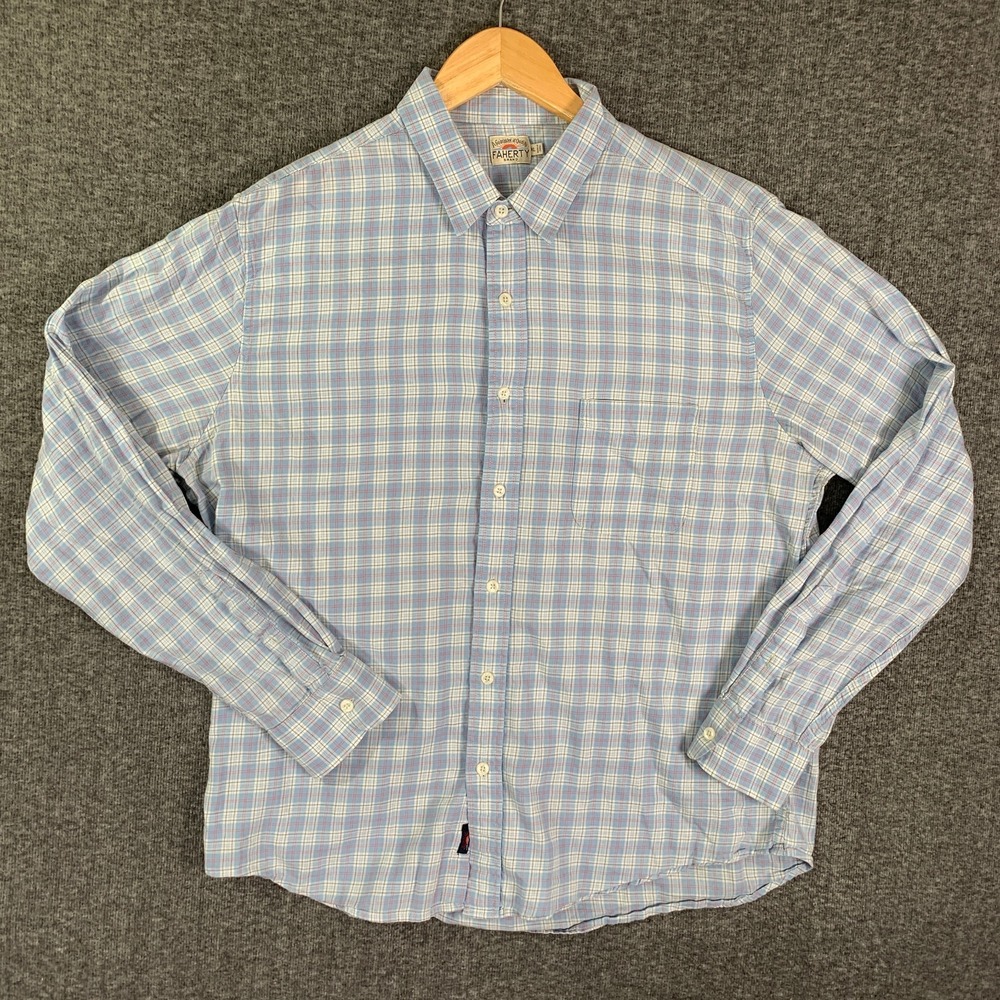 Faherty Blue and White Plaid Casual Button Down Shirt